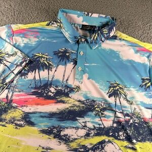 Sunday Swagger Polo Shirt Mens 2XL Island Print Short Sleeve Aqua Blue NWOT